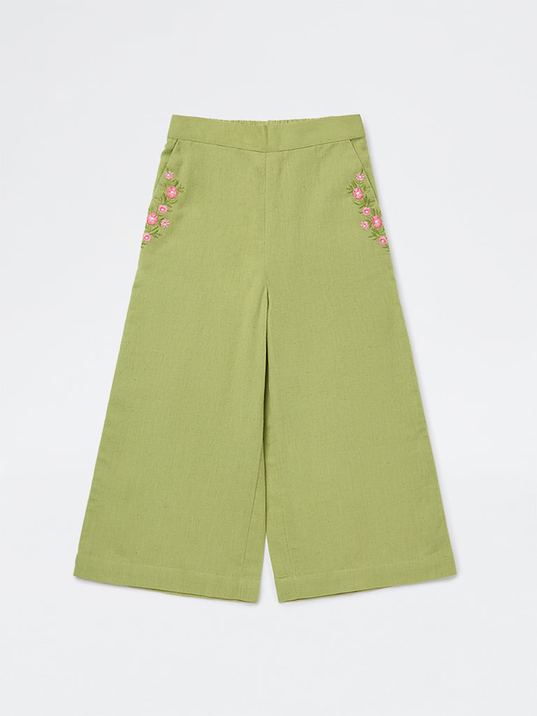Utsa Kids Girls Green Floral Embroidered Ethnic Pants - (2-8 yrs)