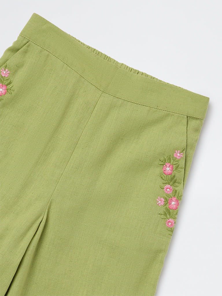 Utsa Kids Girls Green Floral Embroidered Ethnic Pants - (2-8 yrs)