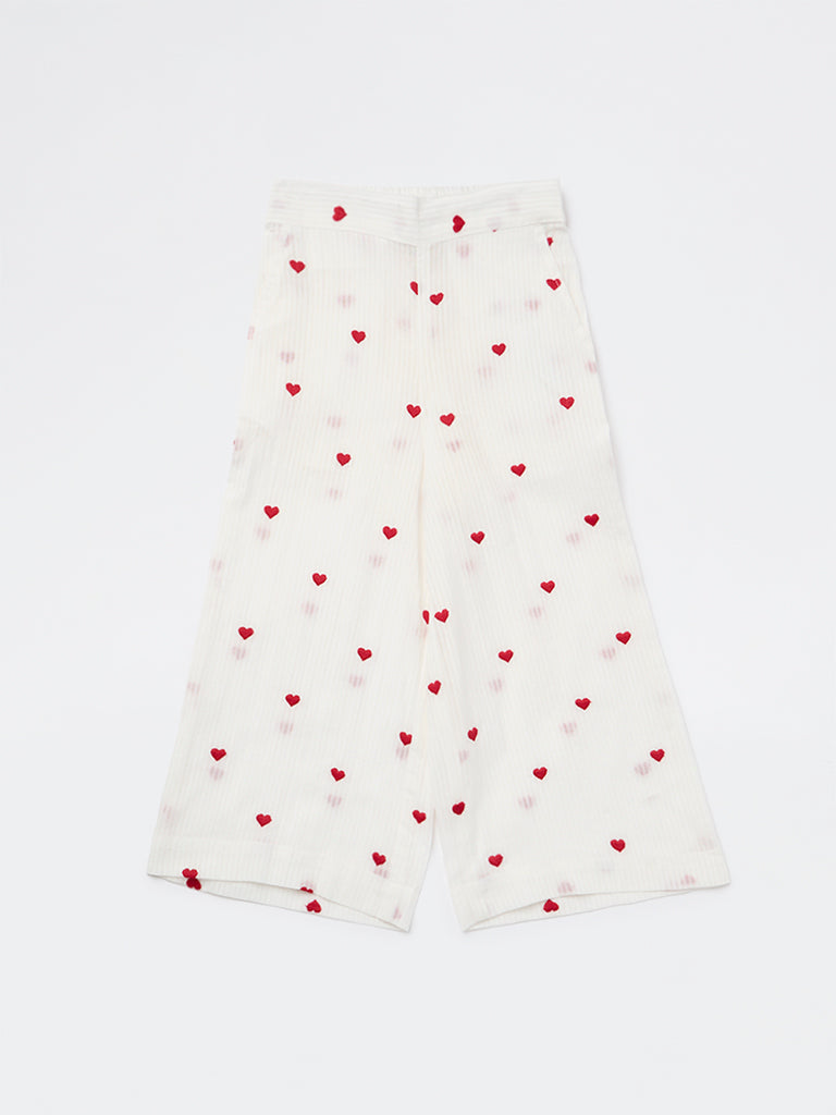 Utsa Kids Girls White Heart Embroidered Cotton Pants - (2-8 yrs)
