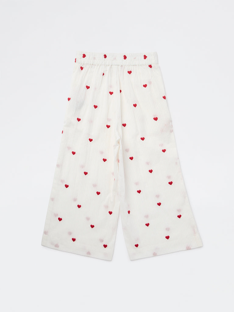 Utsa Kids Girls White Heart Embroidered Cotton Pants - (2-8 yrs)