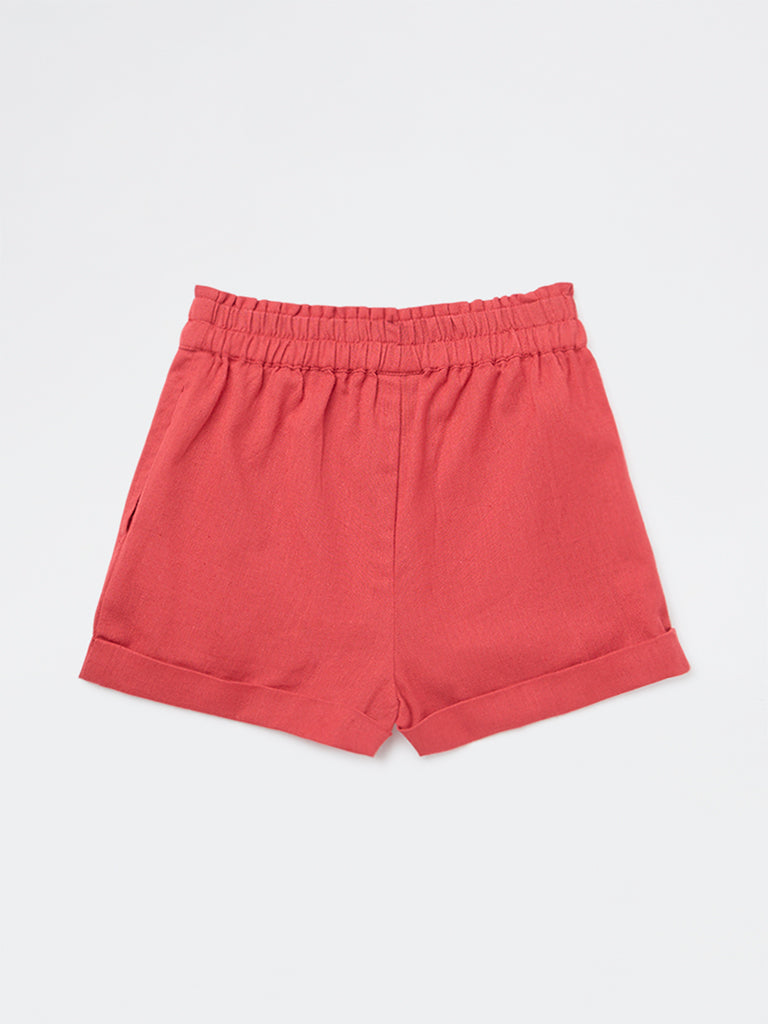 Utsa Kids Girls Red Solid High-Rise Cotton-Blend Shorts - (2-8 yrs)