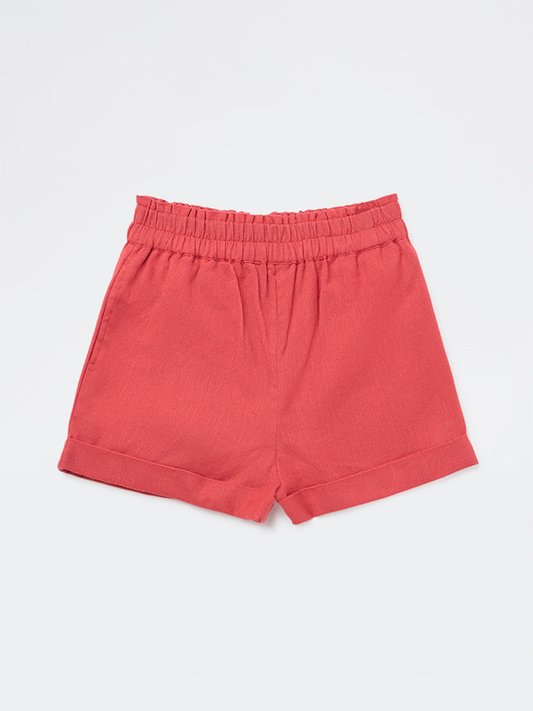 Utsa Kids Girls Red Solid High-Rise Cotton-Blend Shorts - (2-8 yrs)