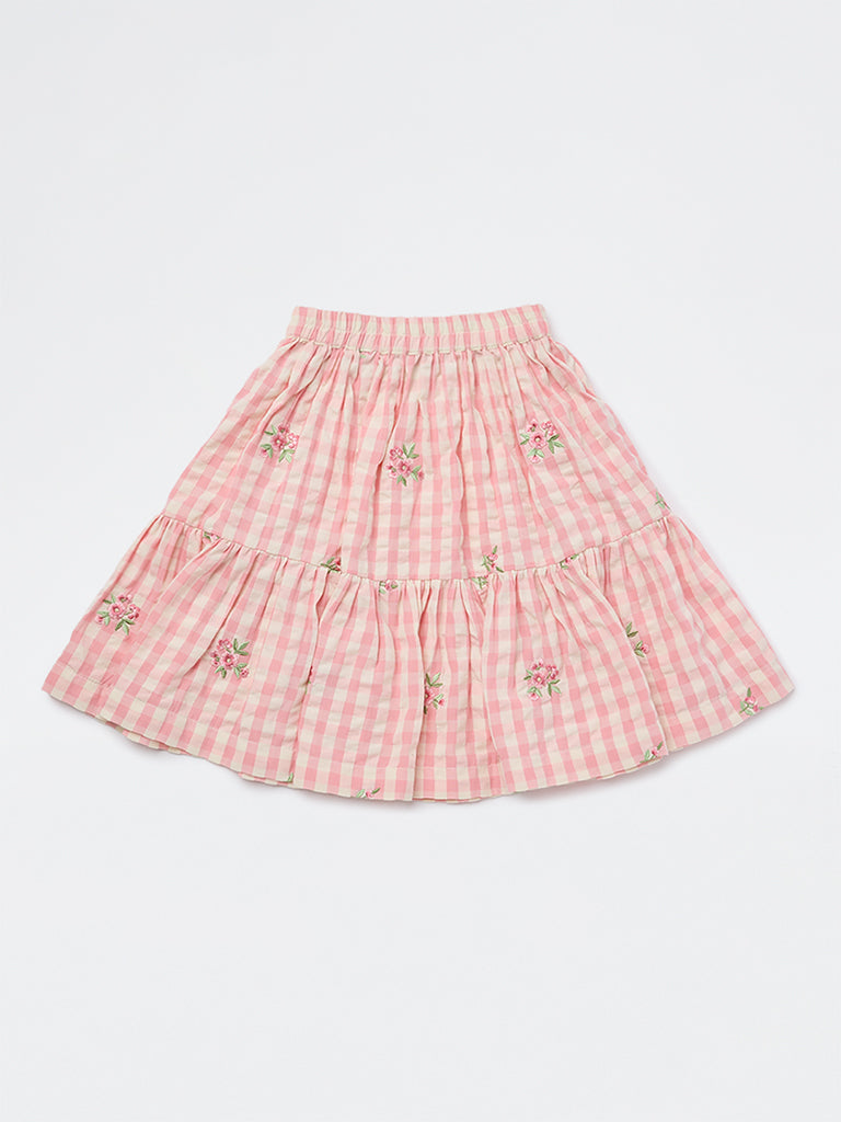 Utsa Kids Girls Pink Checkered Tiered Cotton Skirt - (2-8 yrs)