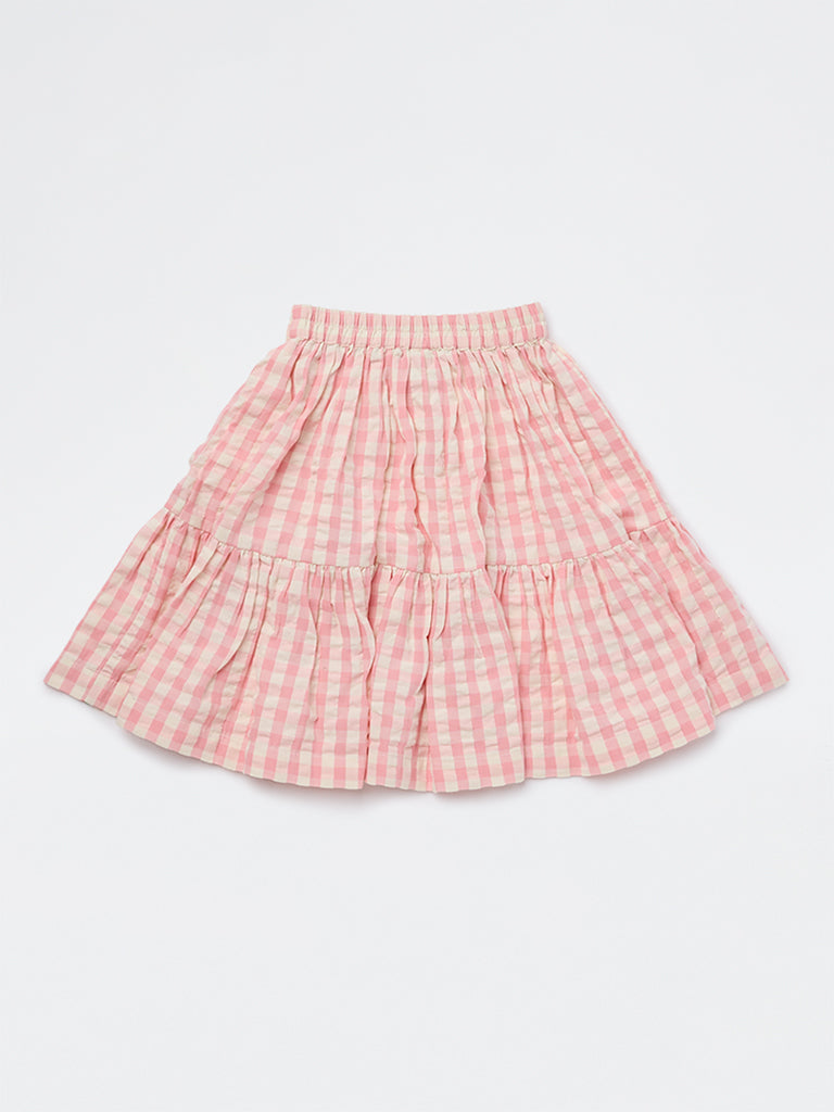 Utsa Kids Girls Pink Checkered Tiered Cotton Skirt - (2-8 yrs)