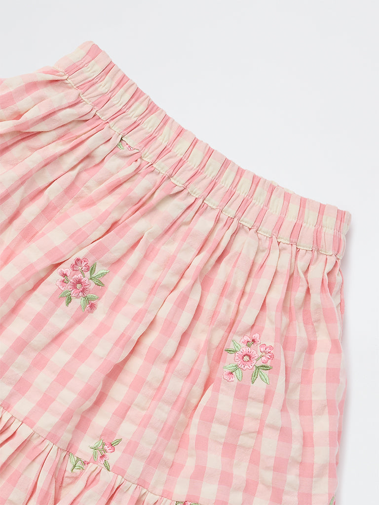 Utsa Kids Girls Pink Checkered Tiered Cotton Skirt - (2-8 yrs)