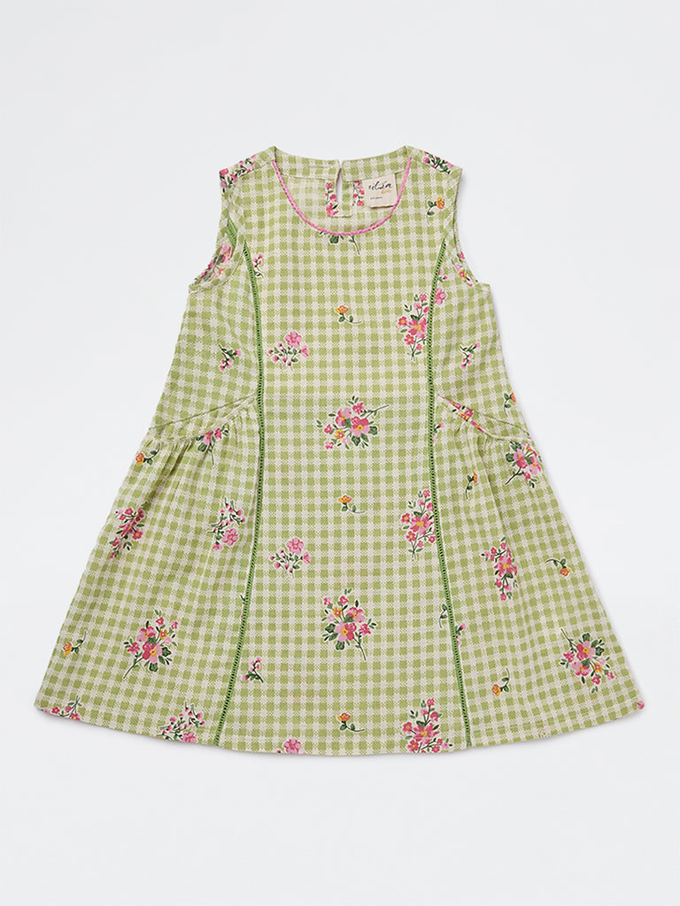 Utsa Kids Girls Green Checkered A-Line Cotton-Blend Dress - (2-8 yrs)