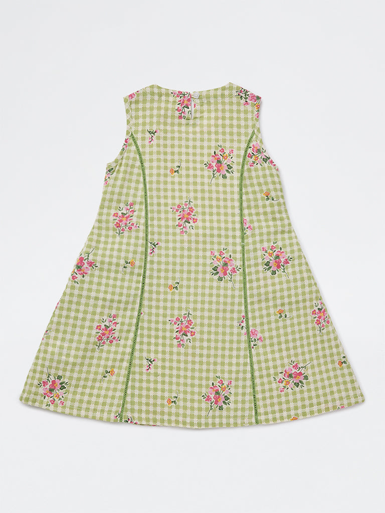 Utsa Kids Girls Green Checkered A-Line Cotton-Blend Dress - (2-8 yrs)