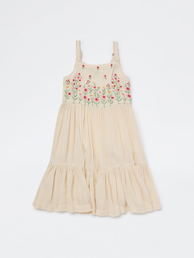 Utsa Kids Girls Light Peach Floral Embroidered A-Line Dress - (2-8 yrs)