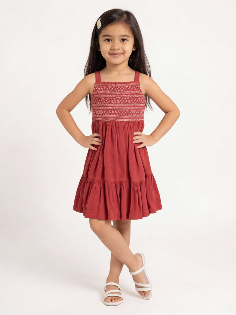 Utsa Kids Girls Red Embroidered Tiered Dress - (2-8 yrs)