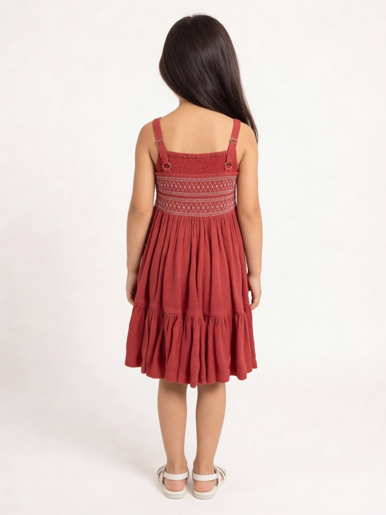Utsa Kids Girls Red Embroidered Tiered Dress - (2-8 yrs)