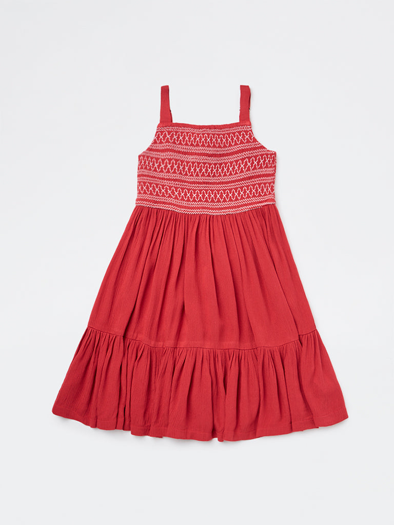 Utsa Kids Girls Red Embroidered Tiered Dress - (2-8 yrs)