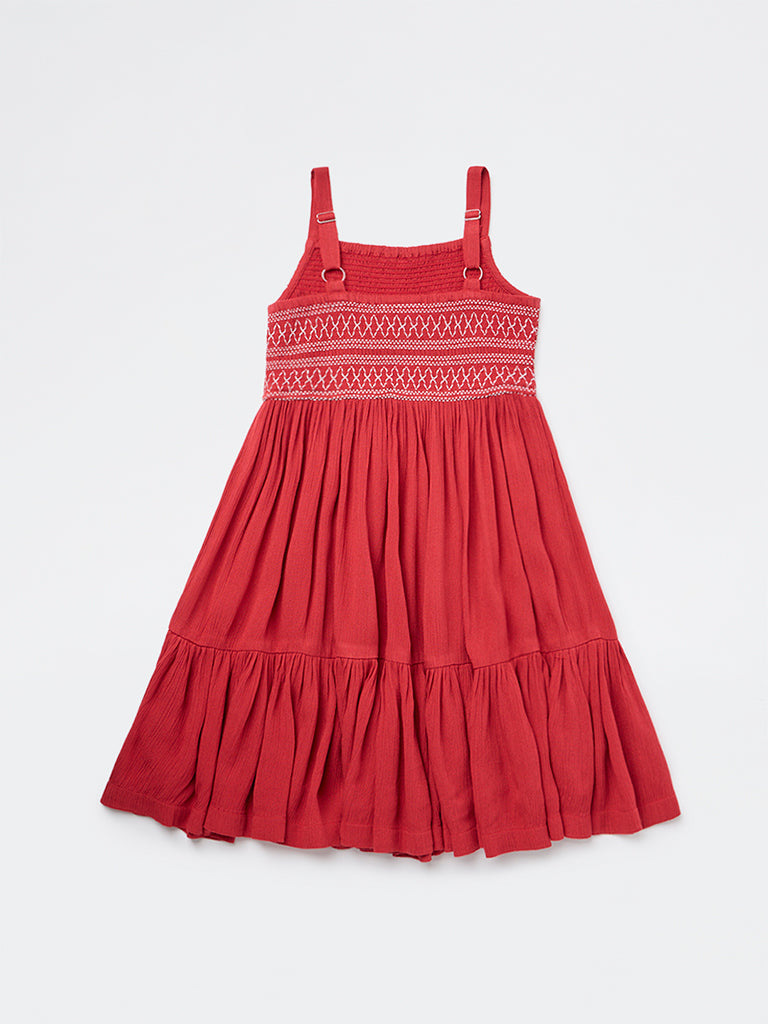 Utsa Kids Girls Red Embroidered Tiered Dress - (2-8 yrs)