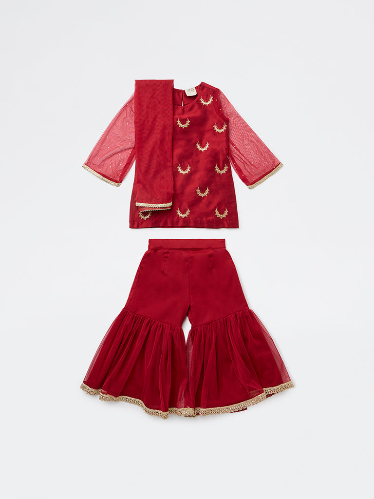 Utsa Kids Girls Red Embroidered Shara Ethnic Set - (2-8 yrs)