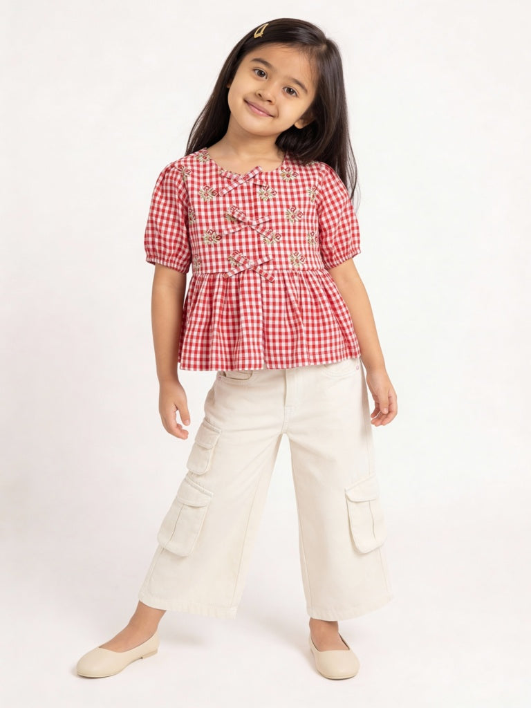 Utsa Kids Girls Red Gingham Check Cotton Peplum Top - (2-8 yrs)