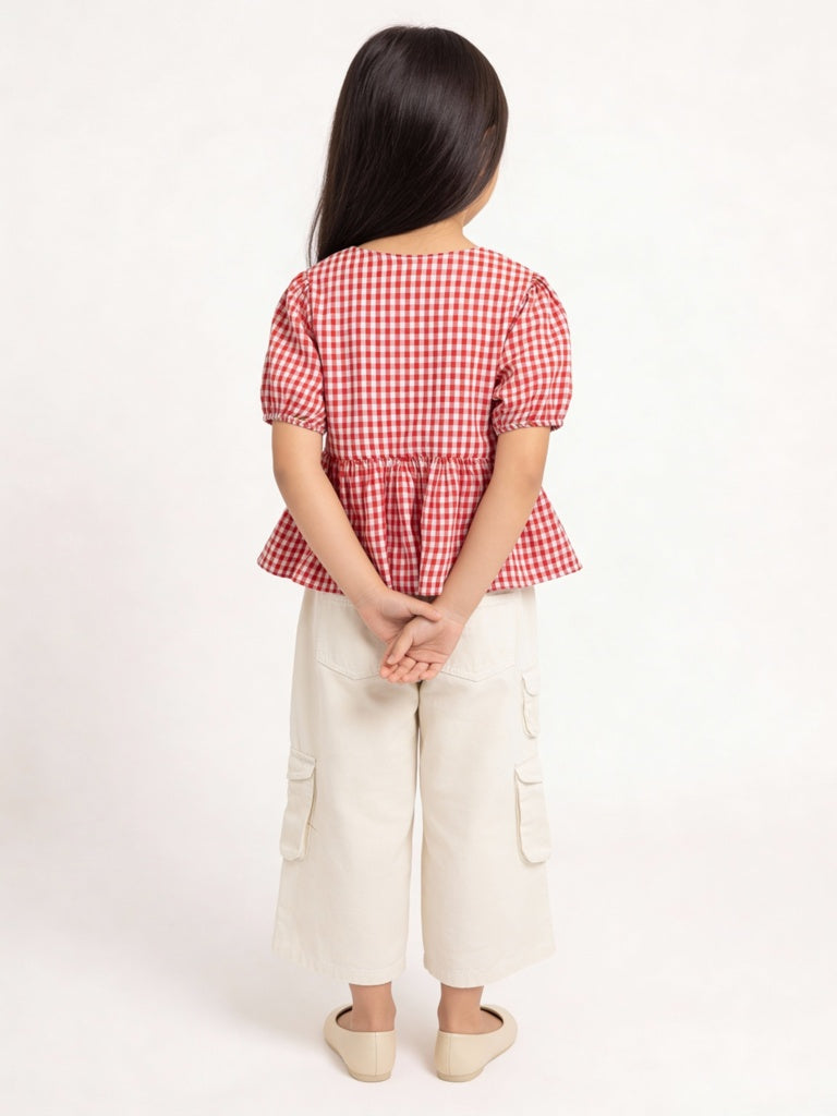Utsa Kids Girls Red Gingham Check Cotton Peplum Top - (2-8 yrs)