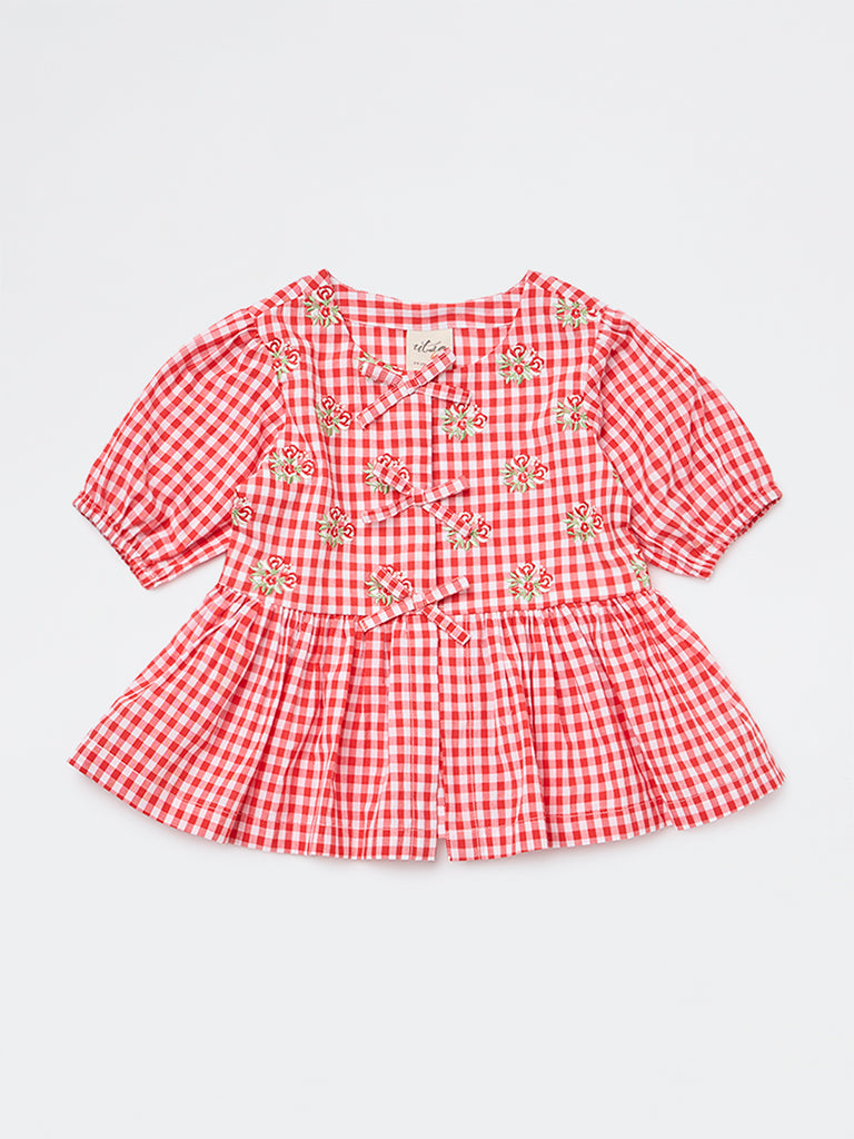 Utsa Kids Girls Red Gingham Check Cotton Peplum Top - (2-8 yrs)