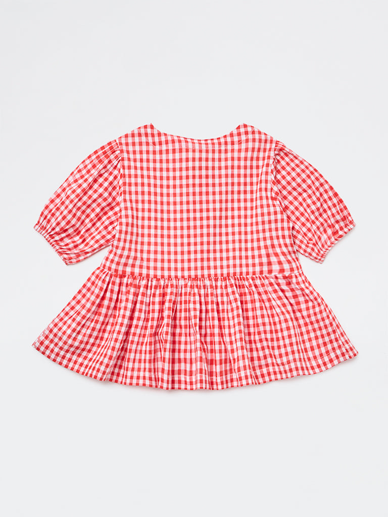 Utsa Kids Girls Red Gingham Check Cotton Peplum Top - (2-8 yrs)