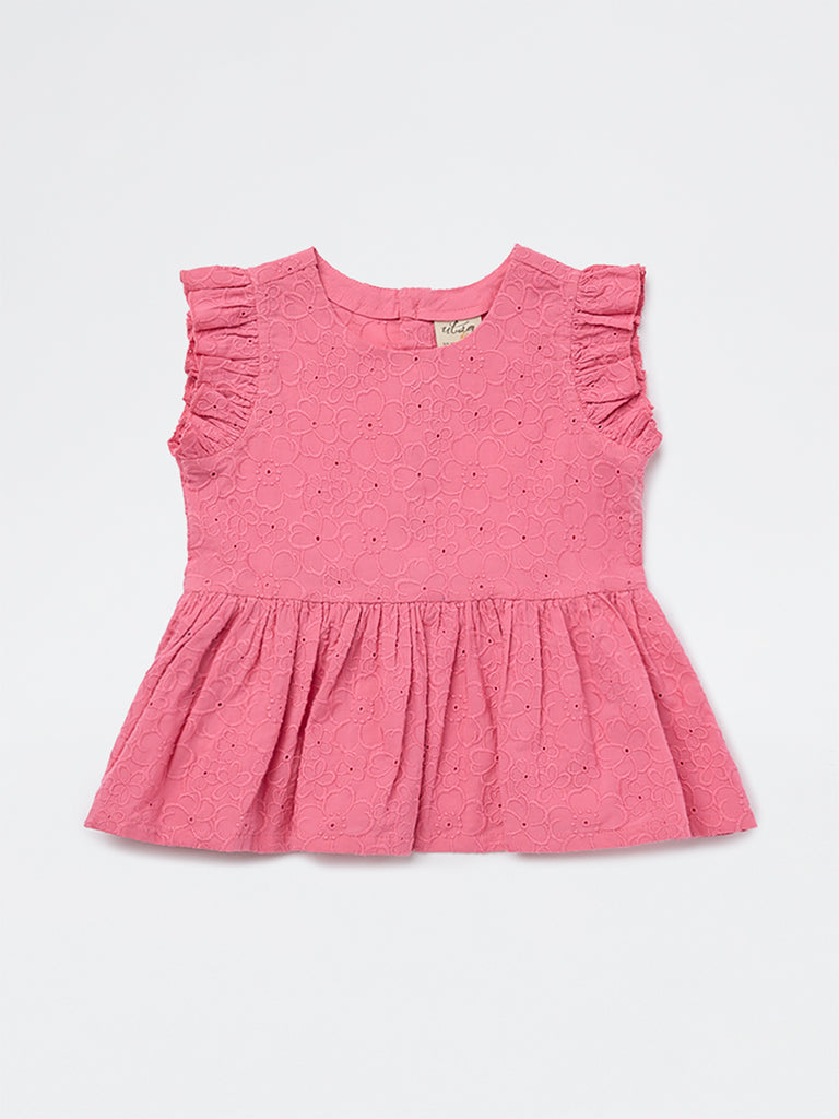 Utsa Kids Girls Pink Floral Embroidered Cotton Peplum Top - ( 2-8 yrs)