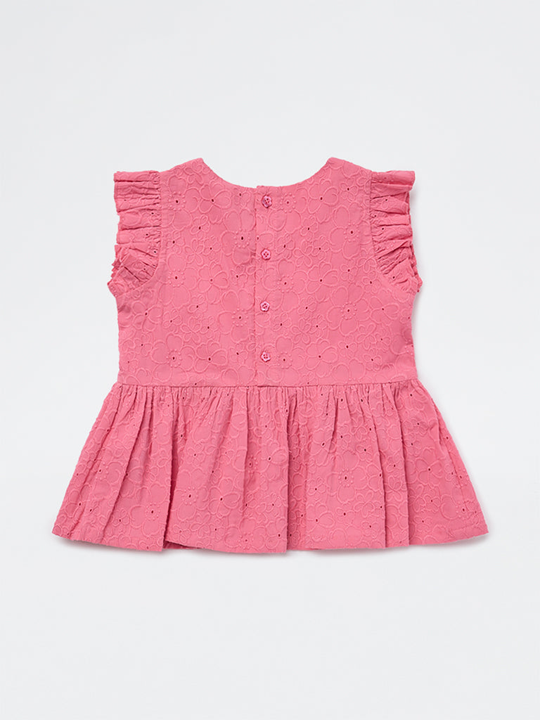 Utsa Kids Girls Pink Floral Embroidered Cotton Peplum Top - ( 2-8 yrs)
