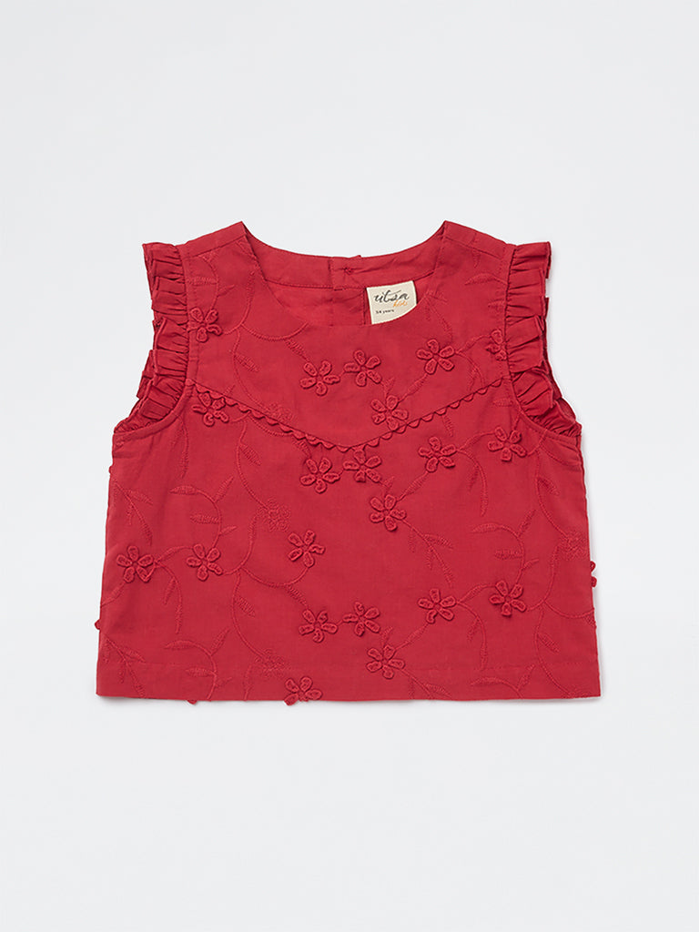 Utsa Kids Girls Red Floral Embroidered Cotton Top - (2-8 yrs)