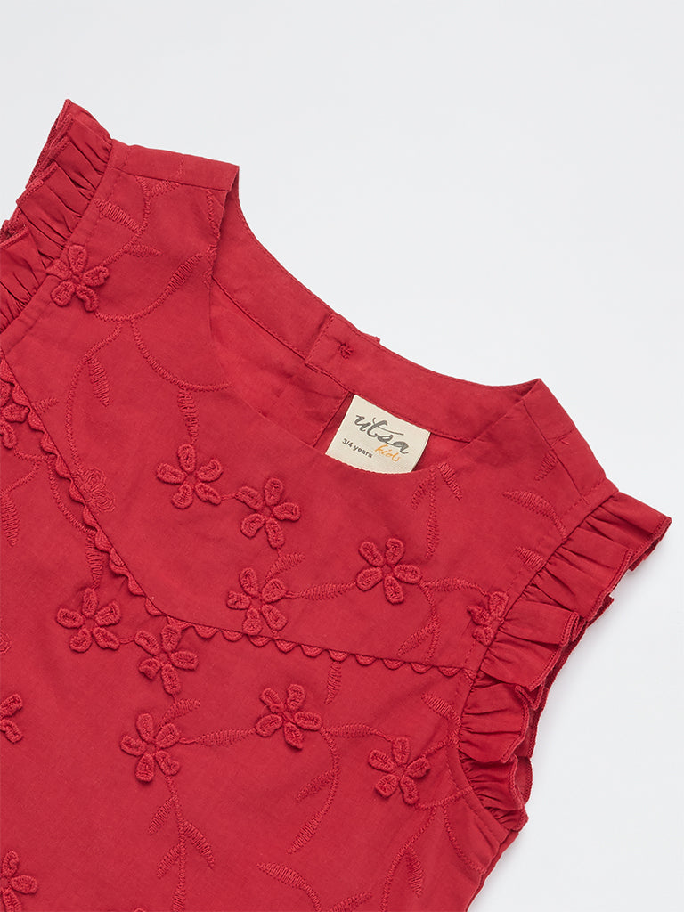 Utsa Kids Girls Red Floral Embroidered Cotton Top - (2-8 yrs)