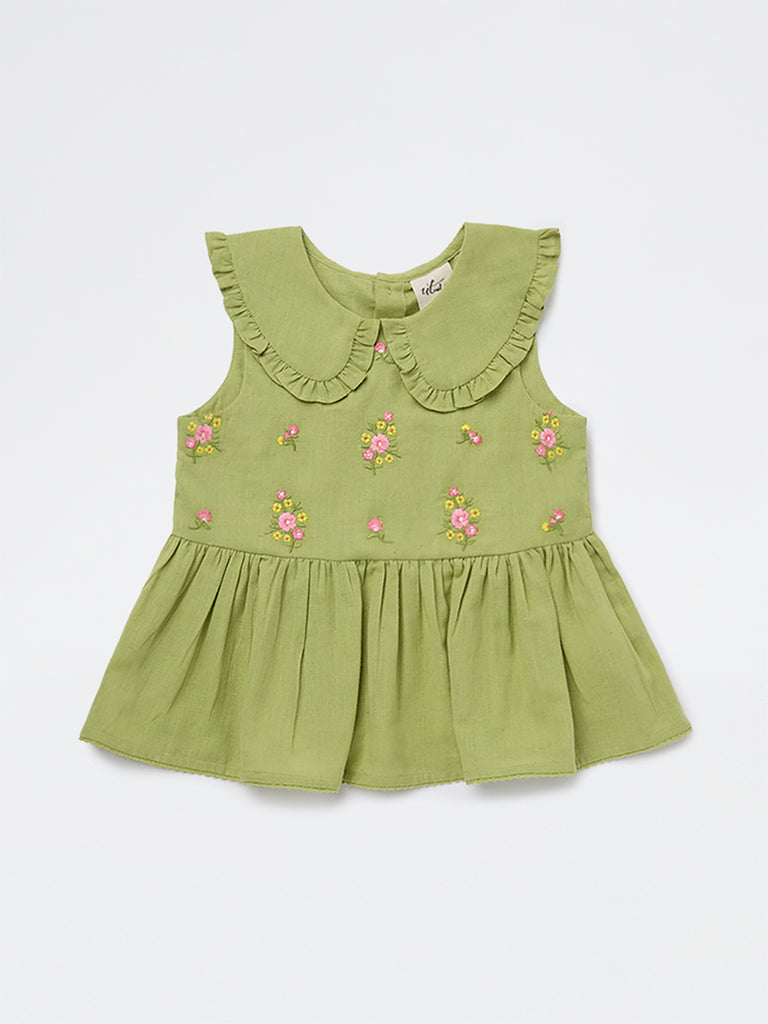 Utsa Kids Girls Lime Floral Embroidered Cotton-Blend Top - (2-8 yrs)