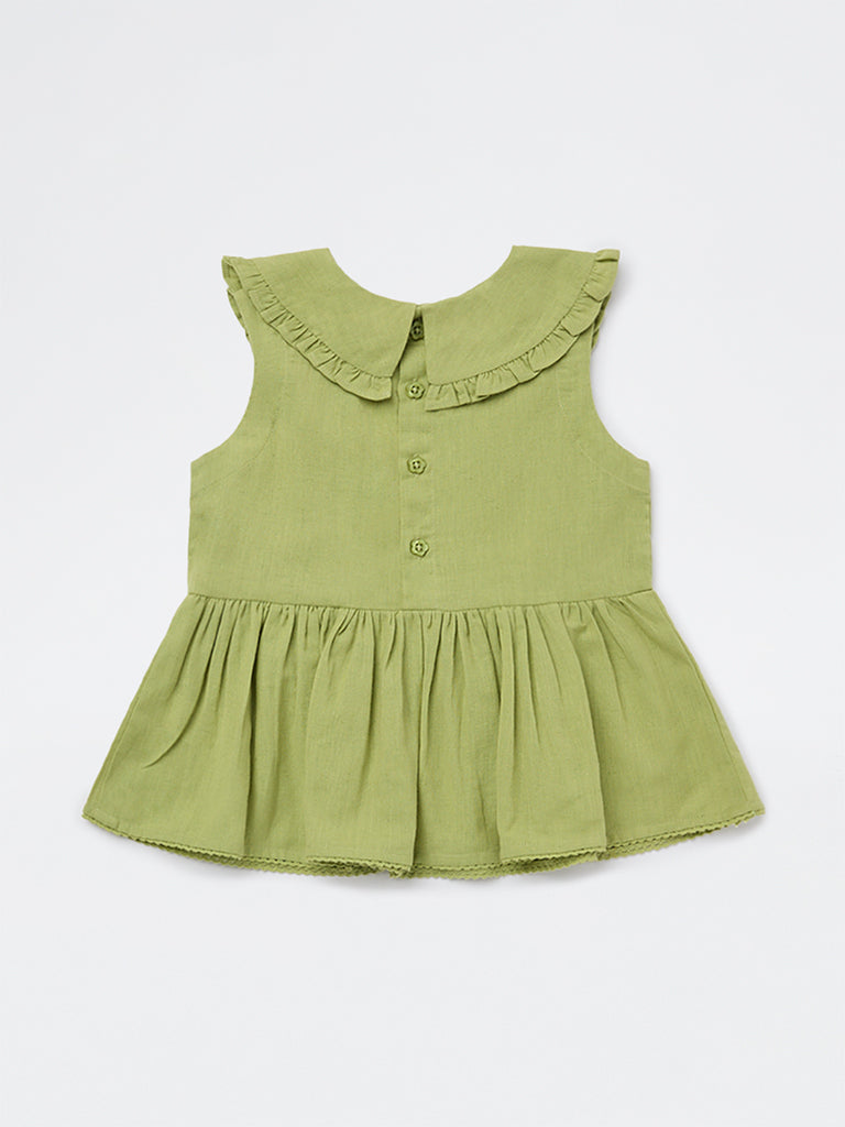 Utsa Kids Girls Lime Floral Embroidered Cotton-Blend Top - (2-8 yrs)