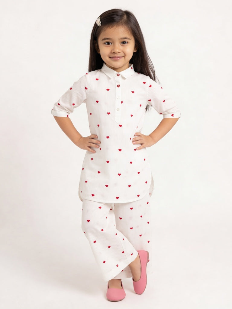 Utsa Kids Girls White Heart Embroidered Cotton Pants - (2-8 yrs)