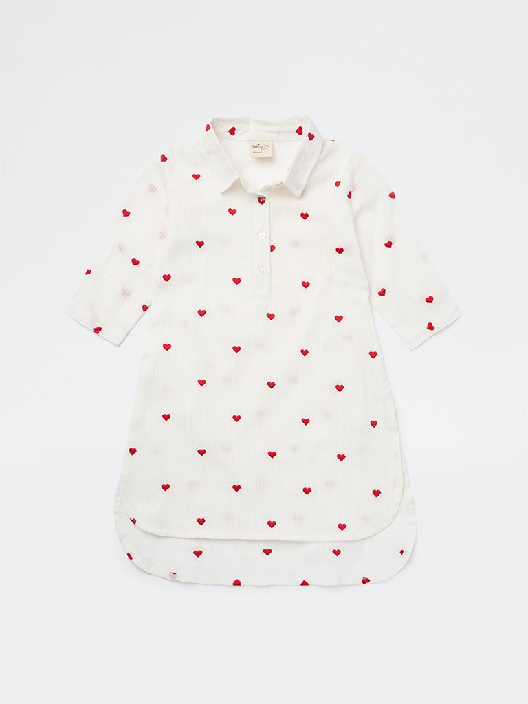 Utsa Kids Girls White Heart Embroidered Cotton Tunic - (2-8 yrs)