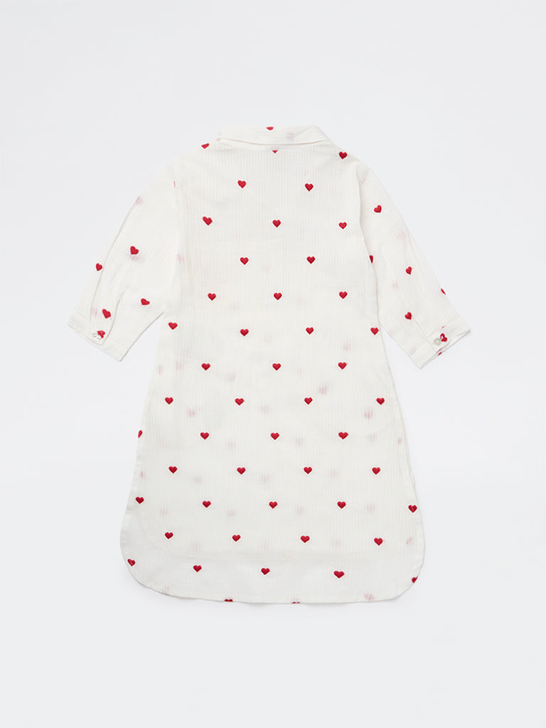 Utsa Kids Girls White Heart Embroidered Cotton Tunic - (2-8 yrs)