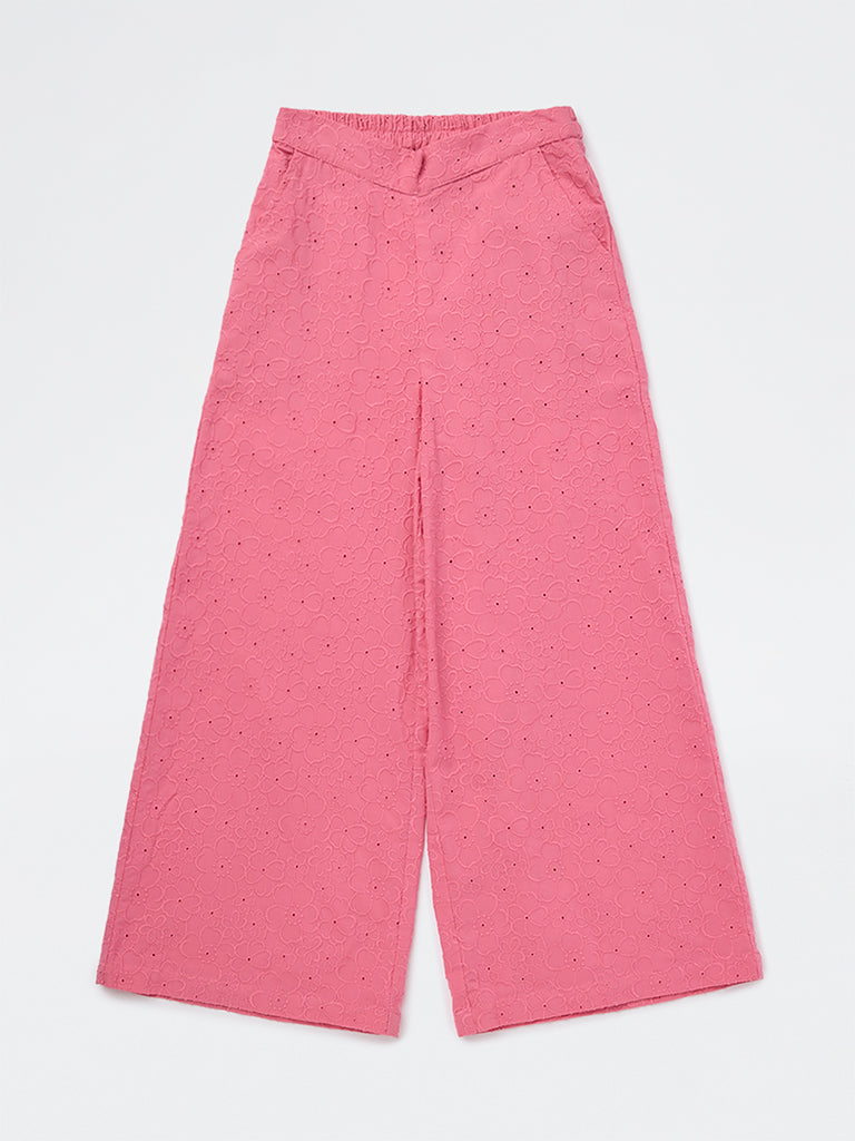 Utsa Kids Girls Pink Floral Embroidered Cotton Pants- (8-14 yrs)