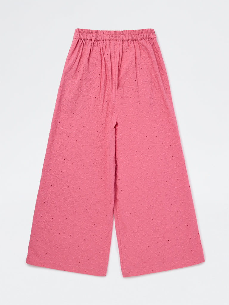 Utsa Kids Girls Pink Floral Embroidered Cotton Pants- (8-14 yrs)
