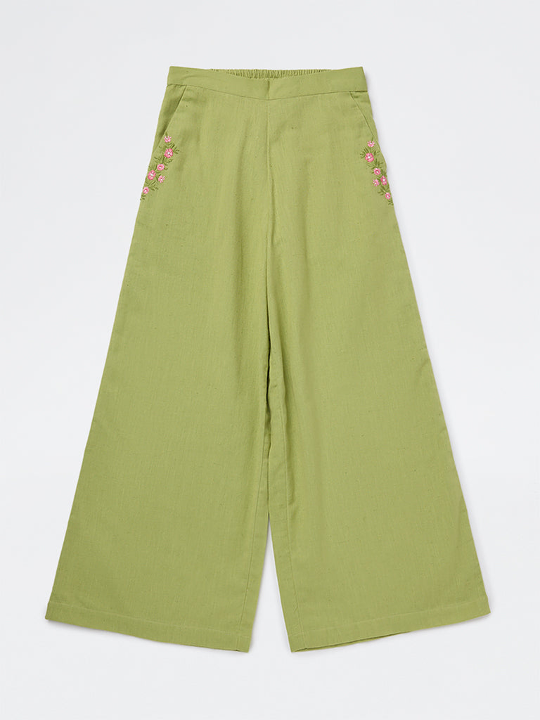 Utsa Kids Girls Green Floral Embroidered Cotton Ethnic Pants - (8-14yrs)