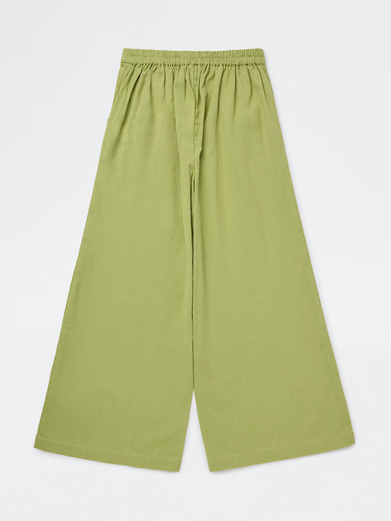 Utsa Kids Girls Green Floral Embroidered Cotton Ethnic Pants - (8-14yrs)