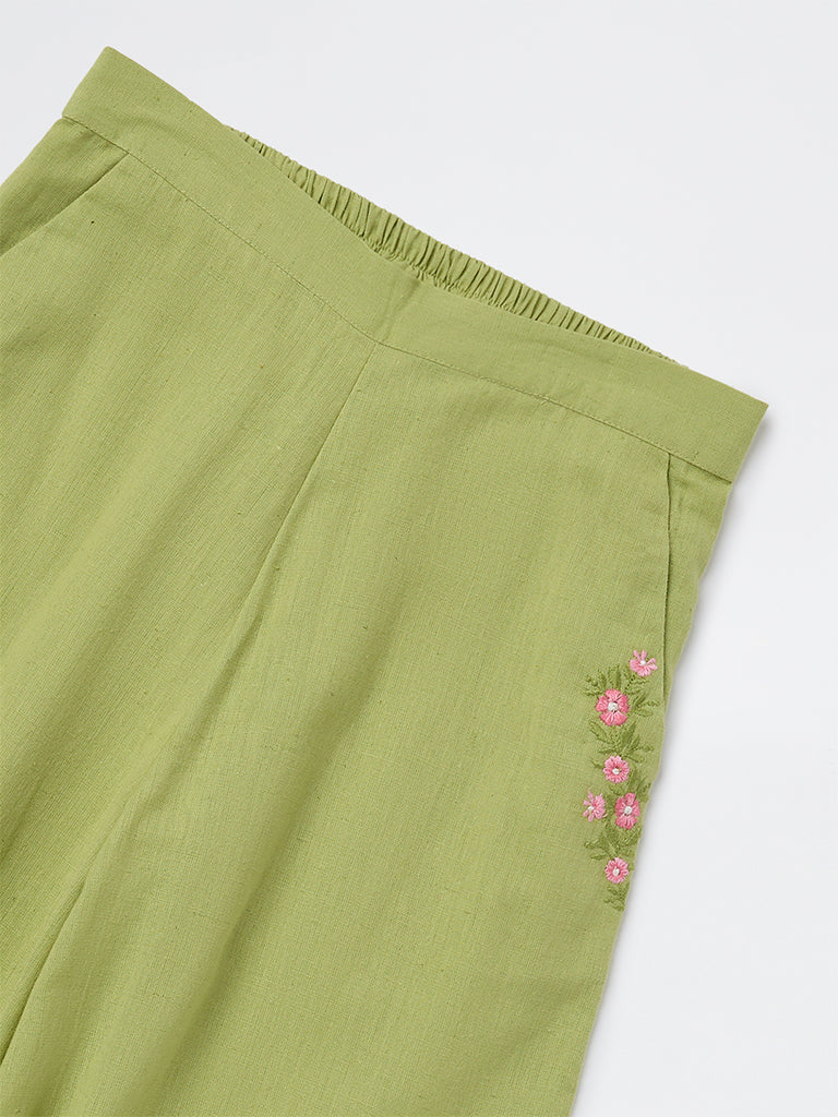 Utsa Kids Girls Green Floral Embroidered Cotton Ethnic Pants - (8-14yrs)