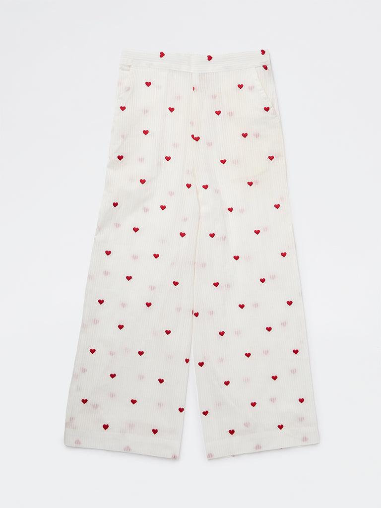 Utsa Kids Girls White Heart Embroidered Cotton Pants - (8-14 years)