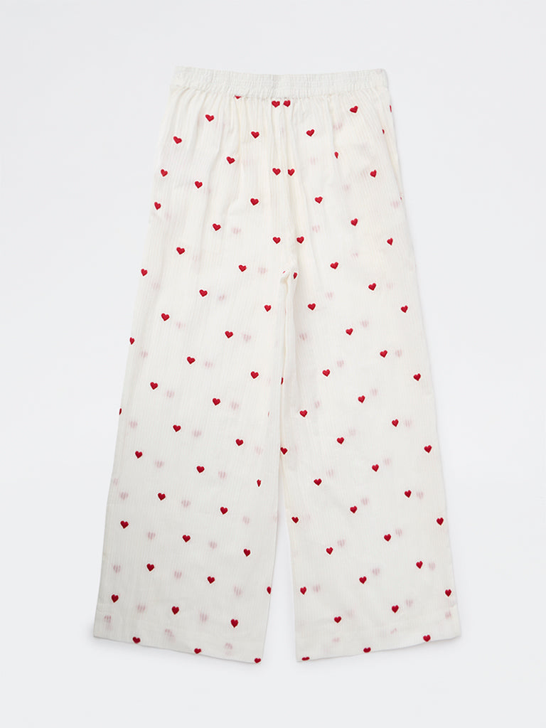 Utsa Kids Girls White Heart Embroidered Cotton Pants - (8-14 years)