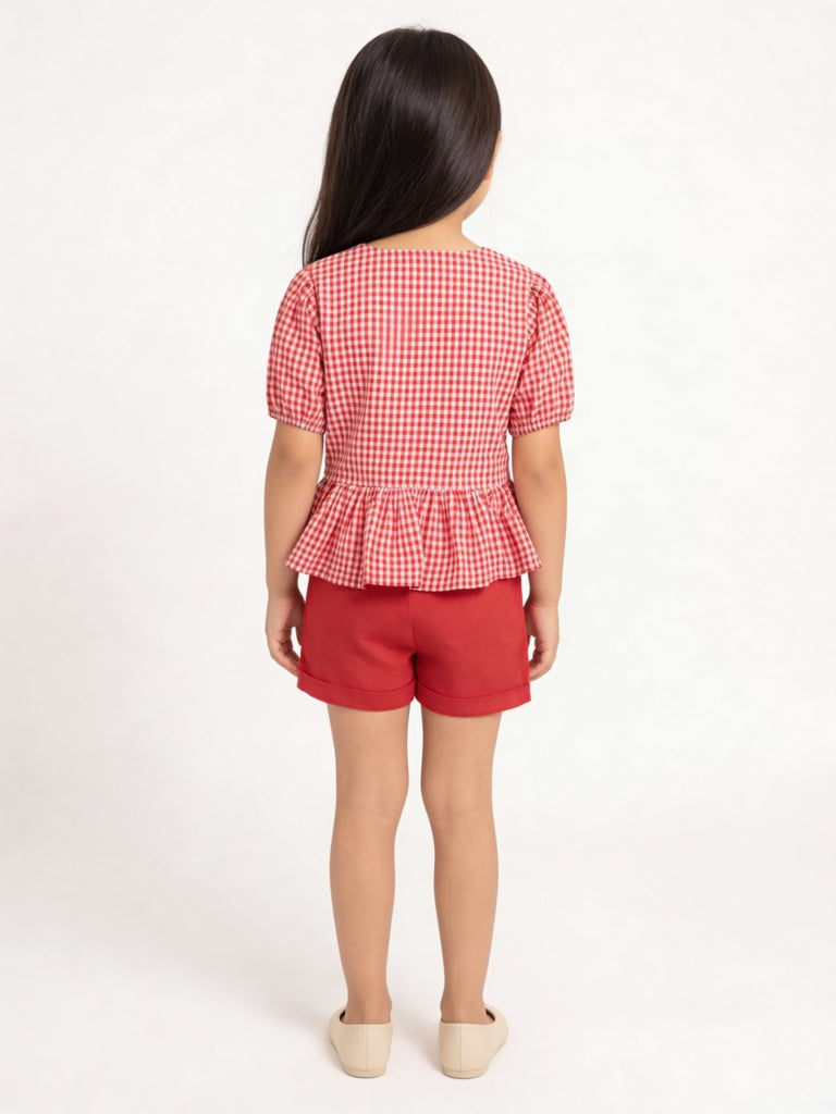 Utsa Kids Girls Red Solid High-Rise Cotton-Blend Shorts - (8-14 yrs)