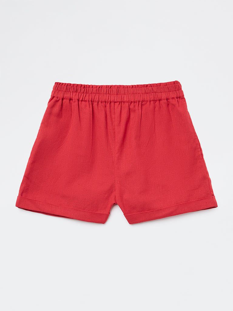 Utsa Kids Girls Red Solid High-Rise Cotton-Blend Shorts - (8-14 yrs)