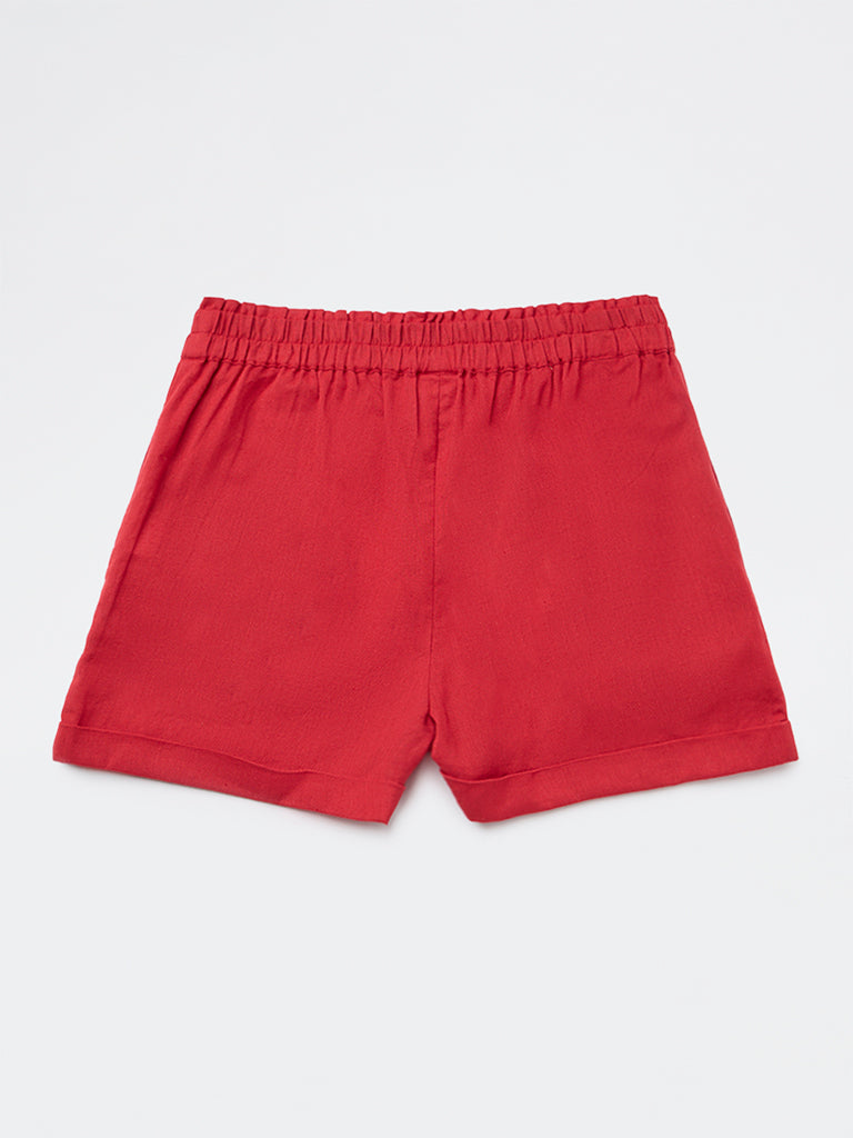 Utsa Kids Girls Red Solid High-Rise Cotton-Blend Shorts - (8-14 yrs)