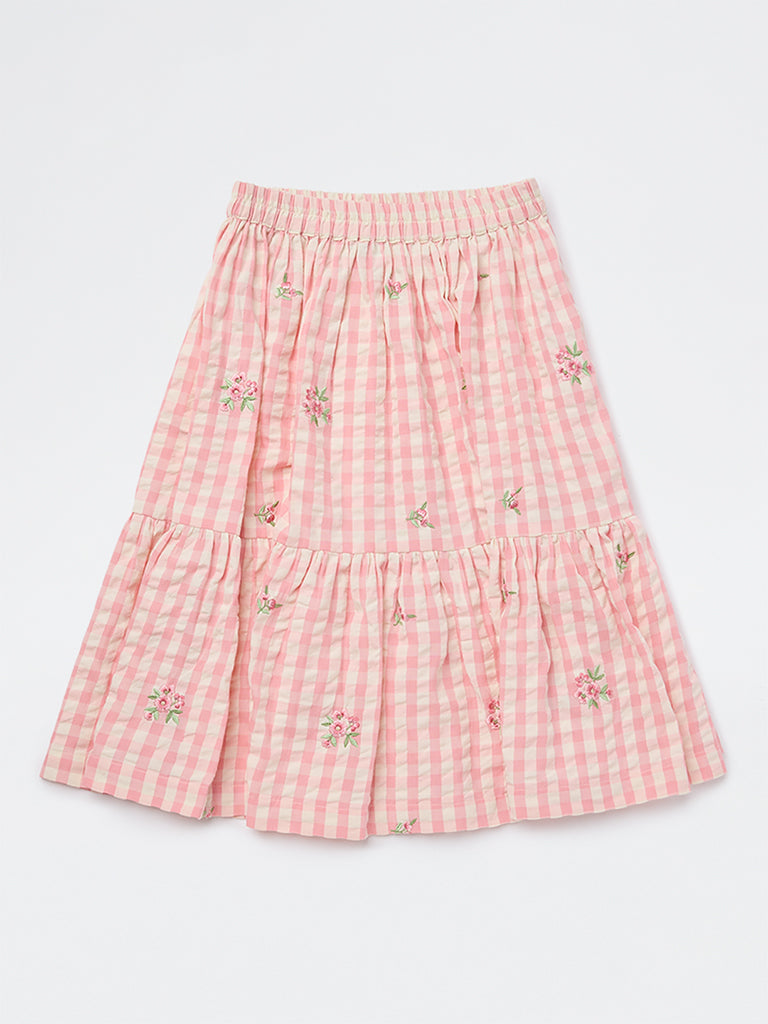 Utsa Kids Girls Pink Checkered Tiered Cotton Skirt - (8-14 yrs)