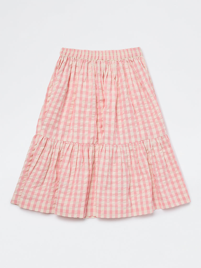 Utsa Kids Girls Pink Checkered Tiered Cotton Skirt - (8-14 yrs)
