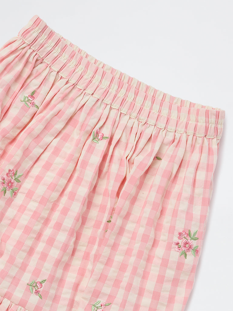 Utsa Kids Girls Pink Checkered Tiered Cotton Skirt - (8-14 yrs)