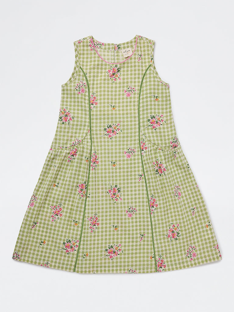 Utsa Kids Girls Green Checkered A-Line Cotton-Blend Dress - (8-14 yrs)
