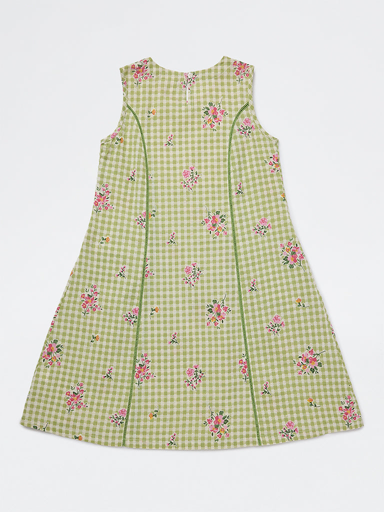 Utsa Kids Girls Green Checkered A-Line Cotton-Blend Dress - (8-14 yrs)