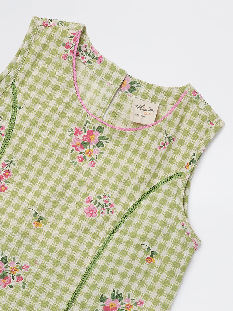 Utsa Kids Girls Green Checkered A-Line Cotton-Blend Dress - (8-14 yrs)