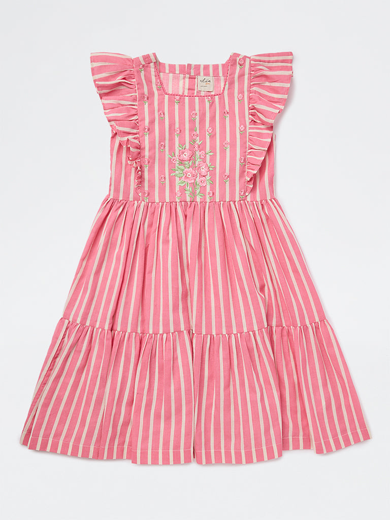Utsa Kids Girls Pink Striped Tiered Cotton-Blend Dress - (8-14 yrs)