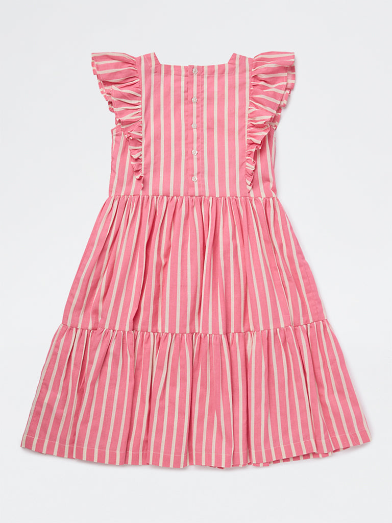Utsa Kids Girls Pink Striped Tiered Cotton-Blend Dress - (8-14 yrs)