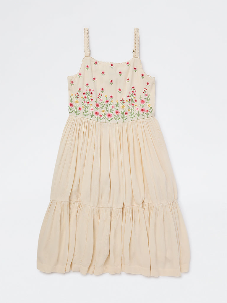 Utsa Kids Girls Light Peach Floral Embroidered A-Line Dress - (8-14yrs)