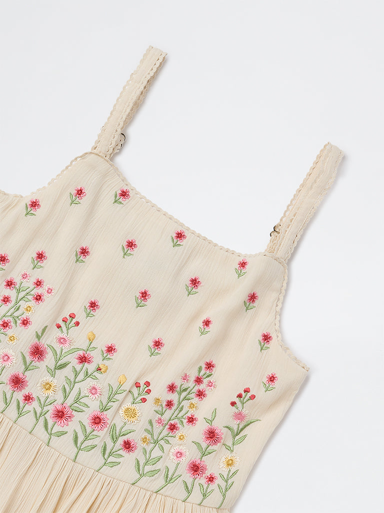 Utsa Kids Girls Light Peach Floral Embroidered A-Line Dress - (8-14yrs)